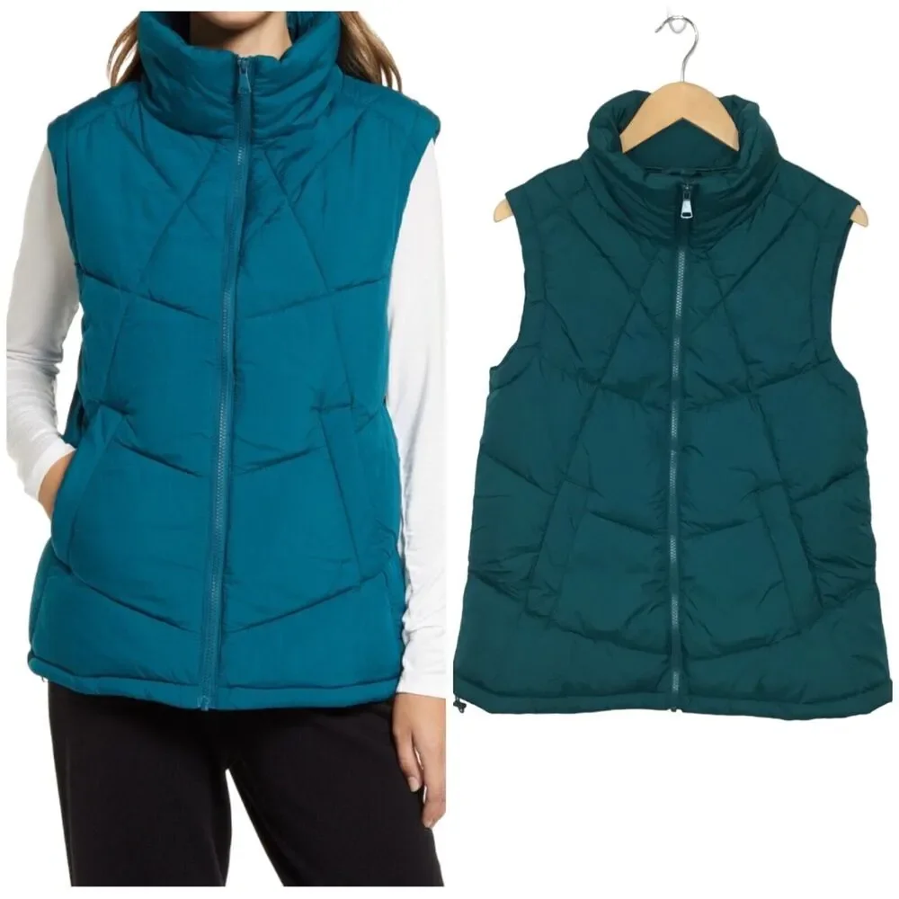 New Nordstrom Puffer Vest Womens XXS Stand Collar Quilted Zip Up Teal Ocean
